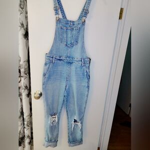 Light Wash Denim Overalls - Distressed Knee Detail